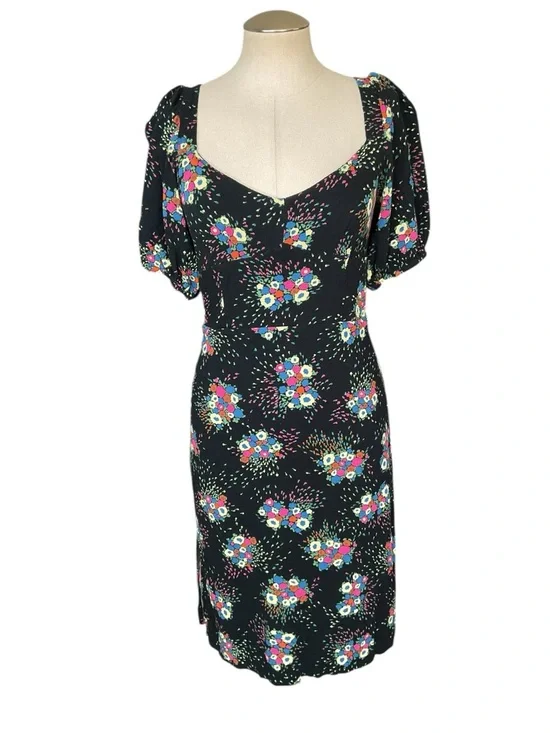 Anthropologie Floral Dress Puff Sleeve Black Mini Fit Flare Size 8 - Picture 2 of 11